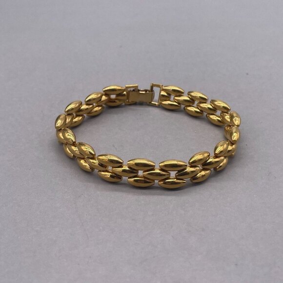 Rice Beads Chunky Bangle Bracelet Gold Tone Fold Over Closure - Picture 2 of 6